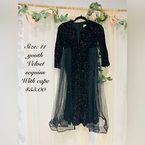 Chic Black Sequin Velvet Kids Dress with Cape